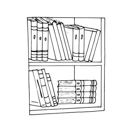 Hand-drawn bookshelf. Shelf with books in room library, Bookcase vector illustration, isolatedのイラスト素材