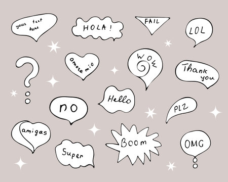 Hand drawn talking balloons with handwritten text. Speech bubble vector doodles. Set of speech and thought communication bubbles.のイラスト素材