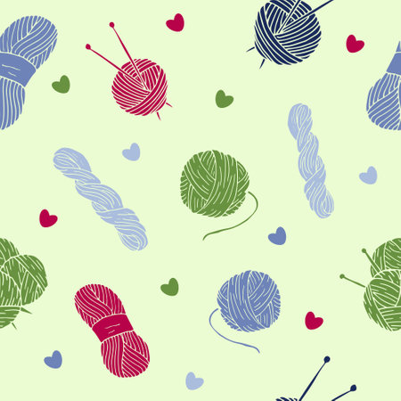 Seamless pattern with knitting elements , yarn, knitting needles and baboon, hand drawn knitting elements isolated on a light green background.のイラスト素材