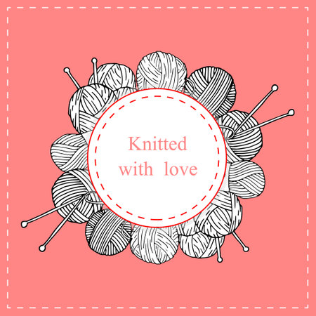 Knitting tools and yarn circle border with text in a flat style vector. Knitting card vector illustration.のイラスト素材