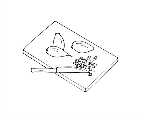 hand-drawn chopped garlic on a cutting board and a knife, vector illustration on white backgroundのイラスト素材