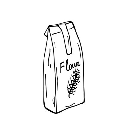 Pack of flour illustration. Hand drawn flour bag vector. Ingredient for baking. Isolated illustration on white.のイラスト素材