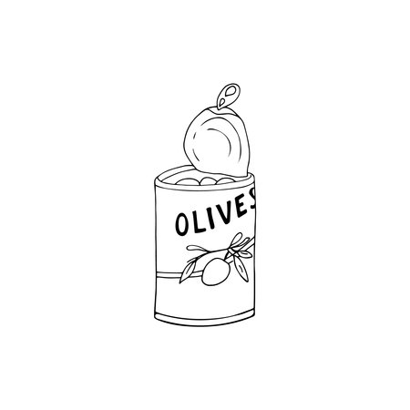 Hand-drawn canned olives, isolated food illustration. Olives in an opened canのイラスト素材