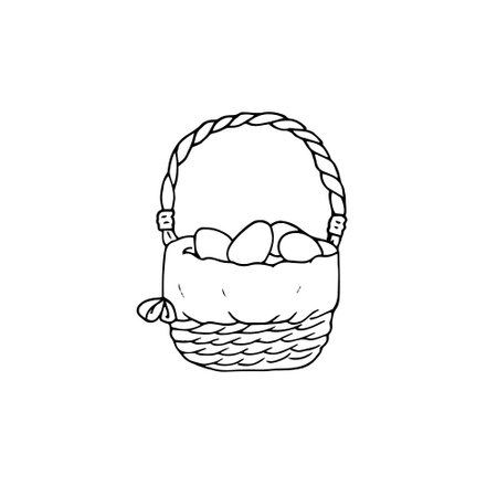 Hand-drawn eggs in a basket on a white background. Happy Easter. Wicker basket with Easter egg.  Vector illustration. Seasonal vector illustration for greeting card.のイラスト素材