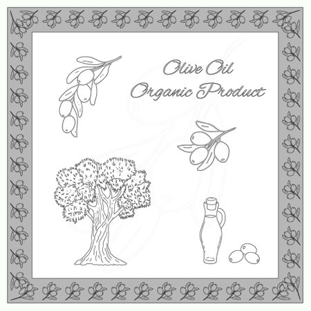 Olive oil organic product label. Olive elements, olive branches, tree, oil. For olive oil product design, shops, markets, packaging, labels for products from olivesのイラスト素材