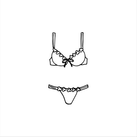 Hand-drawn bra and panties. Fashion bikini. Drawing of female stylish lingerie.Hand-drawn women's lingerie. Vector sketch illustration isolated on a white background.のイラスト素材