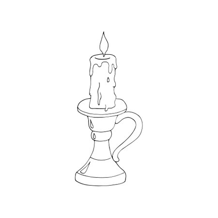 Hand-drawn burning candle in candlestick. Isolated vector illustration.のイラスト素材