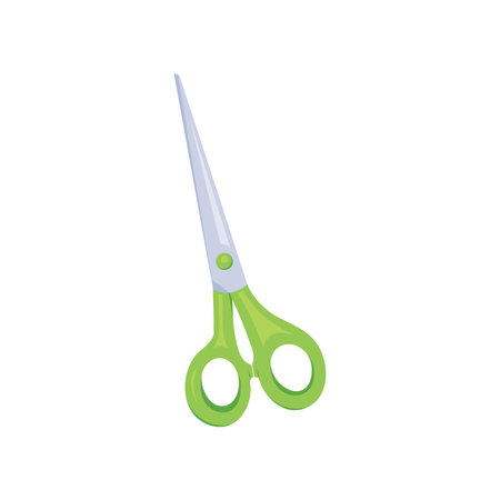 Cartoon style scissors with green handles. Sewing or tailoring tool. Vector illustration of scissor...