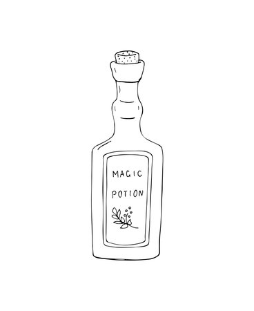 Hand-drawn Magic Potion bottle.  Magic elixir bottle. Illustration of the magic bottle with cork. Vector illustration isolated on a white background. Hand drawn Illustration for witches. Halloween alchemy. Vector graphic design element.のイラスト素材