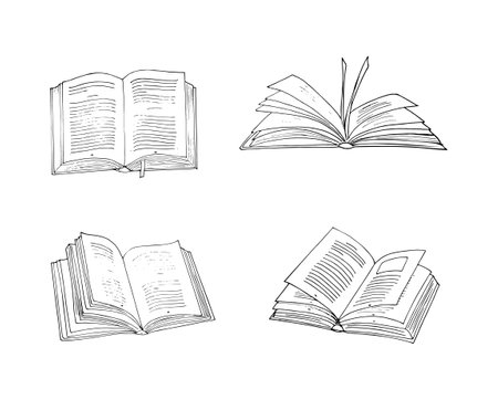 Hand-drawn various book illustration set. Opened Books set. A collection of books sketches. Isolated on white background.のイラスト素材
