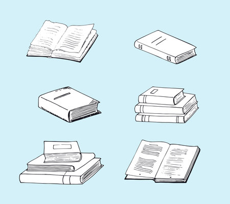 Hand-drawn Various books opened vintage book, and pile of books. Books vector collection isolated on light blue background.のイラスト素材