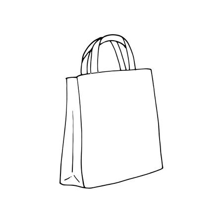 Shopping paper bag. Delivery bag sketch on a white isolated background. Paper Bag for Grocery Shopping. Lunch package. Mall sales, buy in store, gift pack, shopping in a market/のイラスト素材