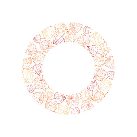 Physalis circular decorative wreath. Organic healthy food frame with space for text. Vector illustration for wallpaper, wrapping paper, package design, and background.のイラスト素材