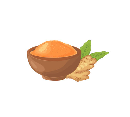 Ginger root with green leaves, and dry ginger powder in a wooden bowl. Ayurvedic remedy and spice for cooking. Isolated cartoon vector illustration.のイラスト素材