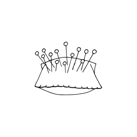 Hand-drawn sketch of pincushion with needles and pins. Needlework accessories, tailor supplies, isolated outline illustration on white background.のイラスト素材