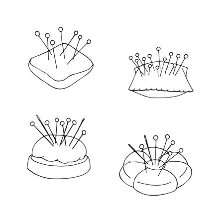 Set of hand-drawn pincushions with needles and pins. Sewing tools. Handmade, sewing equipment concept in doodle style. Isolated on a white background.のイラスト素材