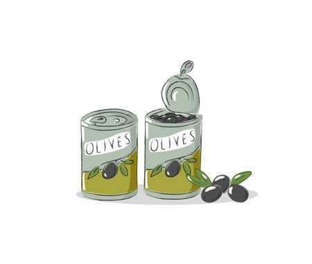 Canned black olives in a tin outline with a branch of olives vector illustration. Black olives in closed and opened cans. Marinated or pickled black olives with stone in a tin can.のイラスト素材