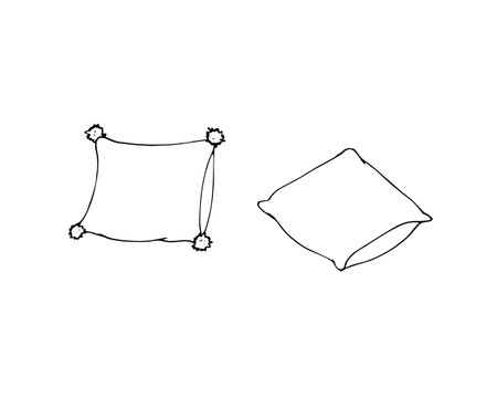 Hand-drawn Pillow sketch set. Doodle drawing of feather cushions. Cozy soft accessories set. Hand-drawn sketch of pillows on a white background. Black and white sketch of two pillows.のイラスト素材