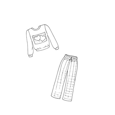 Hand-drawn outline pajama suit with pants and shirt for sleeping at night. Nightwear for women for bedtime. Fashion vector illustration.のイラスト素材