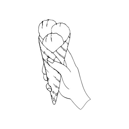 Woman hand holding an Ice cream. Ice Cream In Waffle Cone. Hand-drawn illustration.のイラスト素材