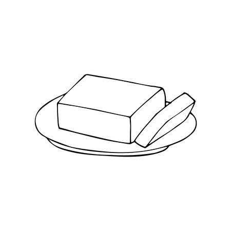 Hand-drawn block of butter on a plate. Baking ingredient butter or margarine stick. Butter brick on plate, milk based product.のイラスト素材
