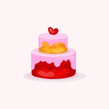 A cartoon-style cake with a cream, heart on top. Illustration for bakery shop, greeting cards, poster, banner, cover, postcard, and menu.のイラスト素材
