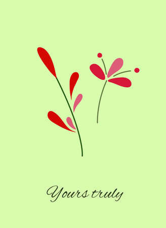 Gift tag, greeting card. Delicate flowers with the inscription Yours truly, isolated on green background.  Red  flowers in flat style.のイラスト素材