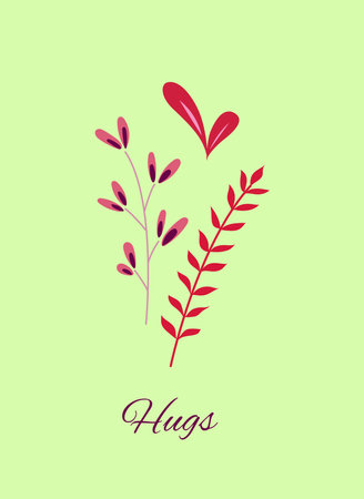 Flowers on a green background, with the inscription Hugs. Delicate colorful greeting card. Floral frame with abstract field red flowers and plantsのイラスト素材