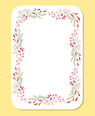 Delicate rectangular floral frame adorned with pink, red, yellow, green flowers and leaves.のイラスト素材