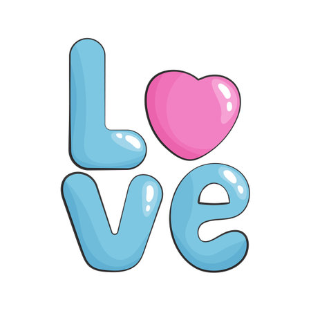 The word love. Blue letters and a pink heart in place of the letter O in cartoon style. Lettering illustration for poster, card, banner valentine day, wedding.のイラスト素材