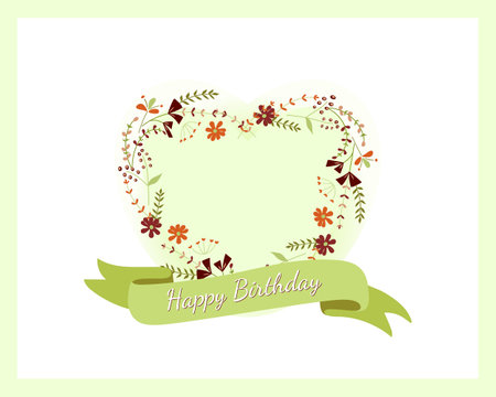 Birthday Greeting Card. Heart shaped floral template for invitation with delicate bow and blooming flowers. Flowers and happy birthday inscription.のイラスト素材