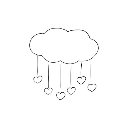 A hand-drawn cloud with hearts. Rain instead of drops, hearts. Isolated illustration on a white background.の写真素材