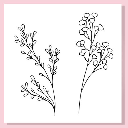 Simple black and white line drawing of two delicate botanical branches. Minimalist floral illustration perfect for modern design, wall art, greeting cards, and nature-themed projects.のイラスト素材