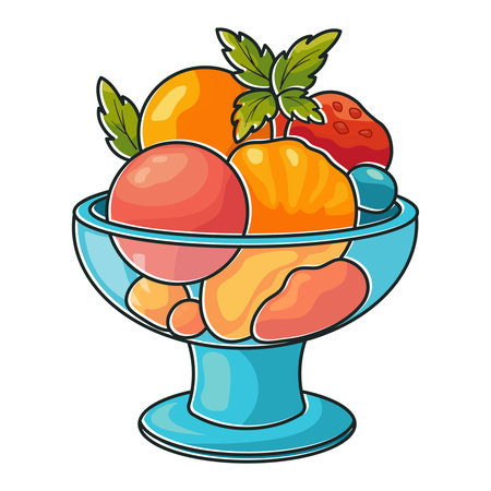 Colorful cartoon ice cream in glass bowl with fruits and berries isolated on white background perfect for summer design dessert menu and decorationのイラスト素材