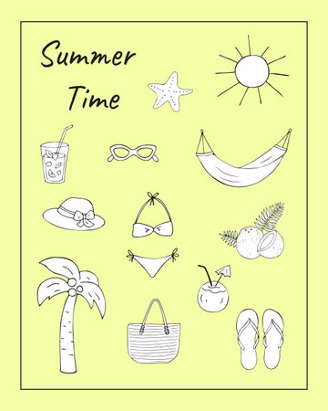 Summer hand drawn doodles set with beach objects coconut cocktail swimsuit hat flip flops and palm tree on yellow backgroundのイラスト素材
