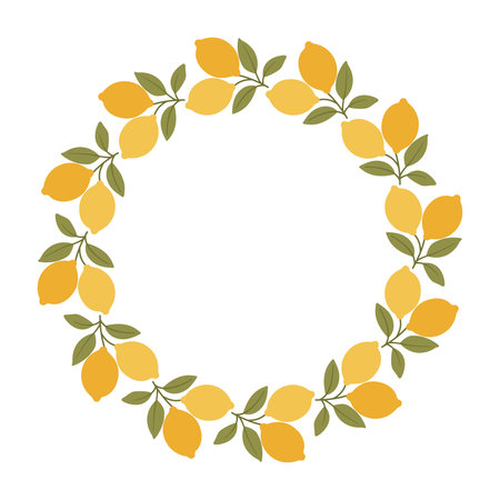 Flat vector illustration of a lemon wreath with green leaves on white background. Summer citrus frame for decoration, invitations, packaging, or seasonal designsのイラスト素材