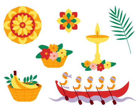 Colorful Onam festival elements with boat race, banana basket, floral rangoli, lamp, flowers and palm leaf traditional Kerala celebration decoration vector illustrationのイラスト素材