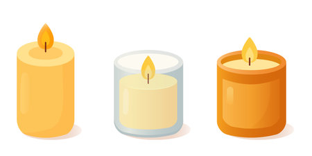 A cute flat cartoon illustration of three candles in different styles, perfect for autumn, hygge, and holiday decor.のイラスト素材