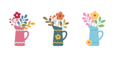 Decorative cartoon illustration of three vases with floral bouquets, bright and cheerful design for autumn and spring decor.のイラスト素材