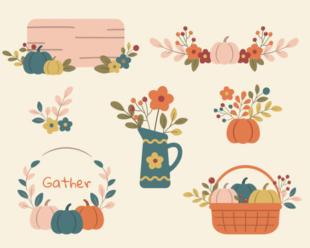 Collection of cozy autumn floral arrangements with pumpkins flowers and leaves in warm colors perfect for seasonal decor and invitationsのイラスト素材