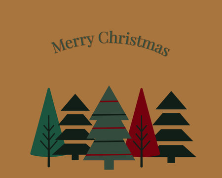 Modern Christmas card with geometric green and red trees on a brown background and text merry christmas simple festive minimalist design for winter holidays celebrationのイラスト素材
