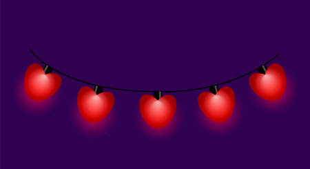 Festive glowing red heart garland hanging on a dark purple background symbolizing love romance and celebration perfect for valentines day decor and holiday designのイラスト素材