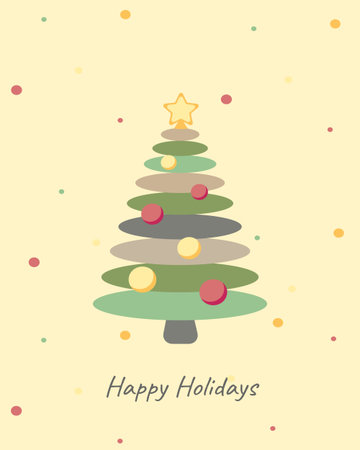 Cozy happy holidays greeting card with minimalist christmas tree star topper and pastel ornaments on soft yellow background with scattered dots perfect for modern winter wishesのイラスト素材