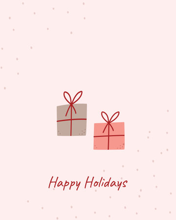 Simple happy holidays greeting card with two wrapped gift boxes red ribbons and soft pink background with tiny dots perfect for modern christmas and seasonal wishesのイラスト素材