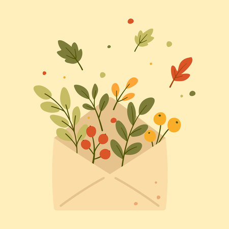 Warm cozy illustration of an envelope filled with autumn leaves, branches and berries. Perfect for seasonal greeting cards, fall decor, invitations, stickers, posters and nature-themed designs.のイラスト素材