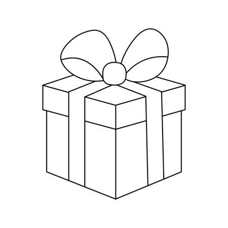 Black and white outline illustration of a gift box with a large ribbon and bow. Perfect for coloring pages, holiday activities, kids worksheets, Christmas crafts, printable templates and educational materials.のイラスト素材
