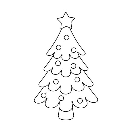 Outline illustration of a Christmas tree with a star and round ornaments. Simple festive coloring page perfect for kids, holiday activities, printable worksheets, and winter creative projects.のイラスト素材