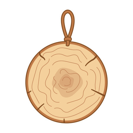 Cozy illustration of a wooden tree slice ornament with a loop for hanging. Rustic holiday decoration perfect for Christmas designs, winter crafts, stickers, prints, and festive DIY projects.のイラスト素材