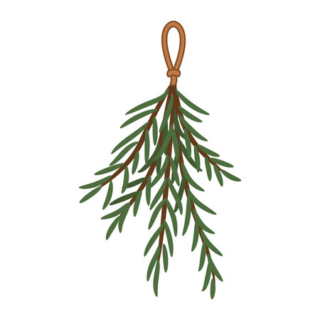 Minimalist illustration of a hanging evergreen sprig tied with a loop. Winter Christmas decoration perfect for holiday designs, cards, packaging, and seasonal graphics.のイラスト素材