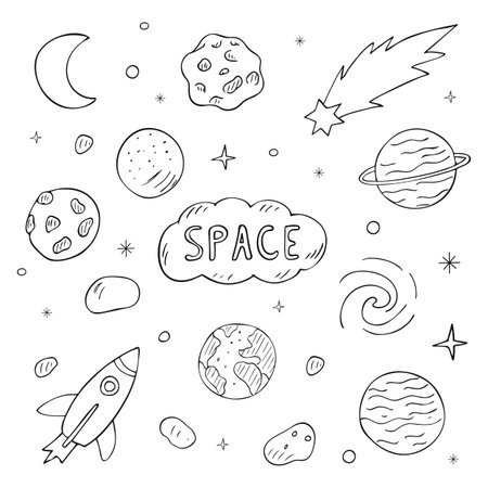 A collection of hand-drawn space doodles including planets, stars, asteroids, a rocket, the Earth, a comet, and simple cosmic elements. Cute outline illustration perfect for kids, patterns, prints, and decor.のイラスト素材